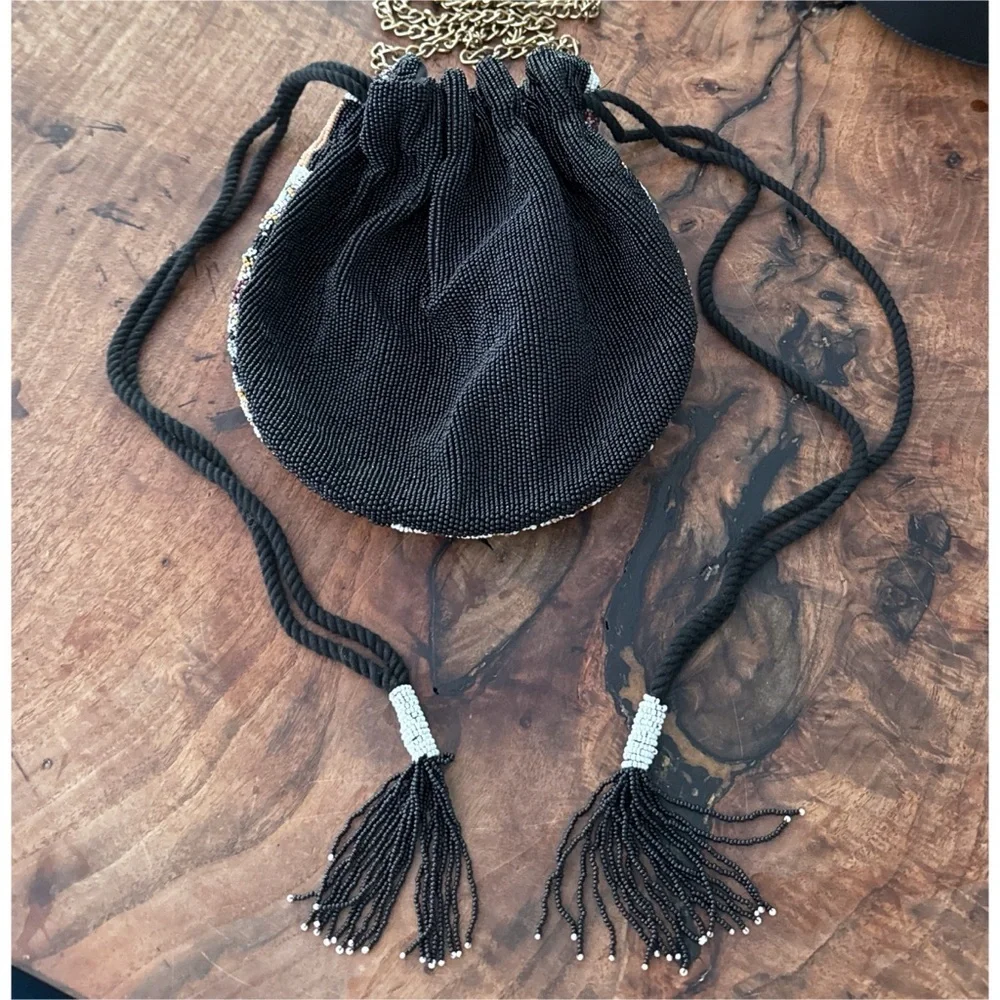NWT by Anthropologie Beaded Tassel Boho Embroidered Drawstring Bag Chain Strap​​